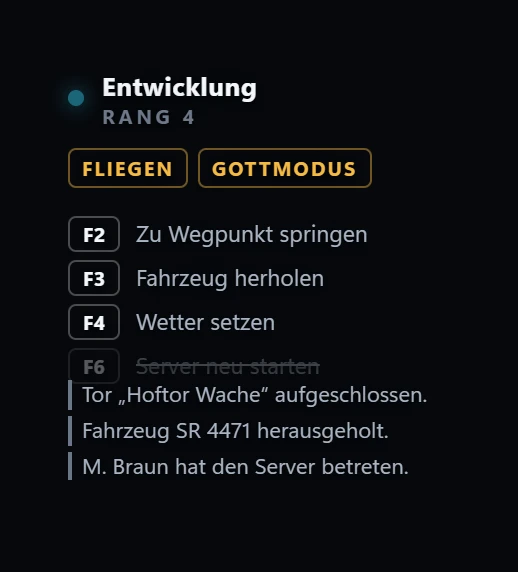 The duty badge: rank, active tools, the keyboard shortcuts and the ticker below.