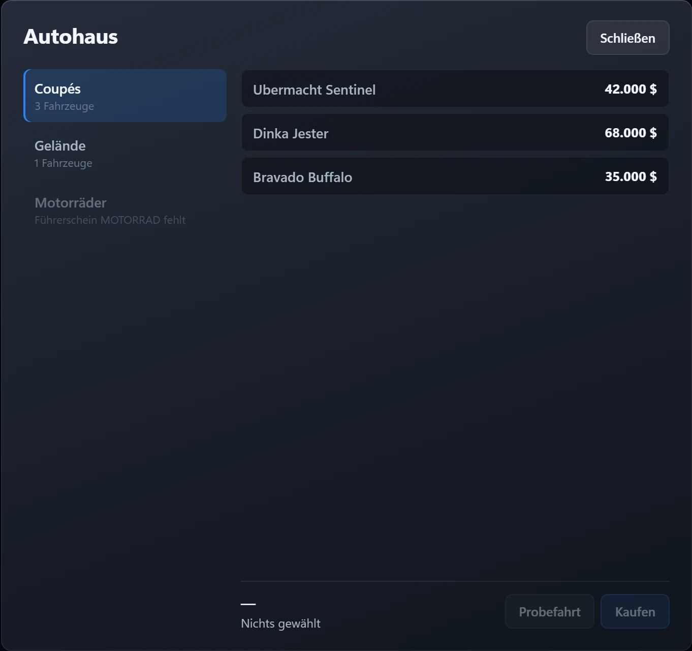 The catalogue: classes on the left, cars with prices, motorbikes locked without a licence.