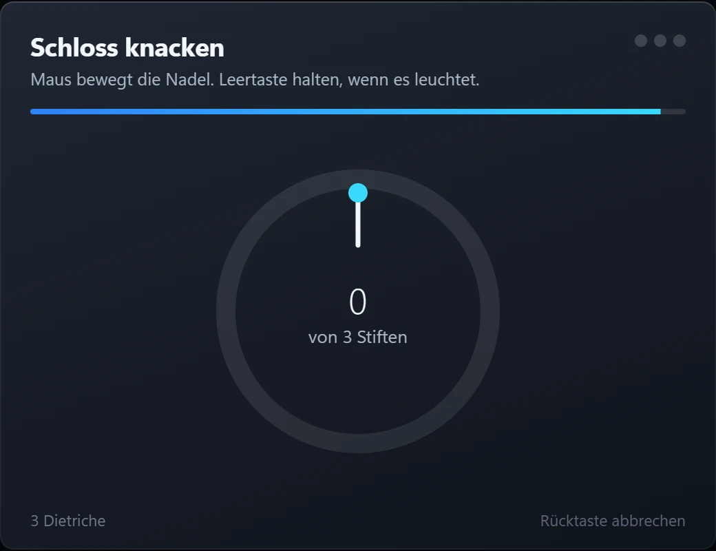 Lockpicking: the needle, three pins and the timer above them.