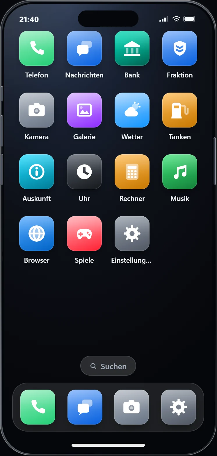 The phone: fifteen apps on the home screen, dock and search.