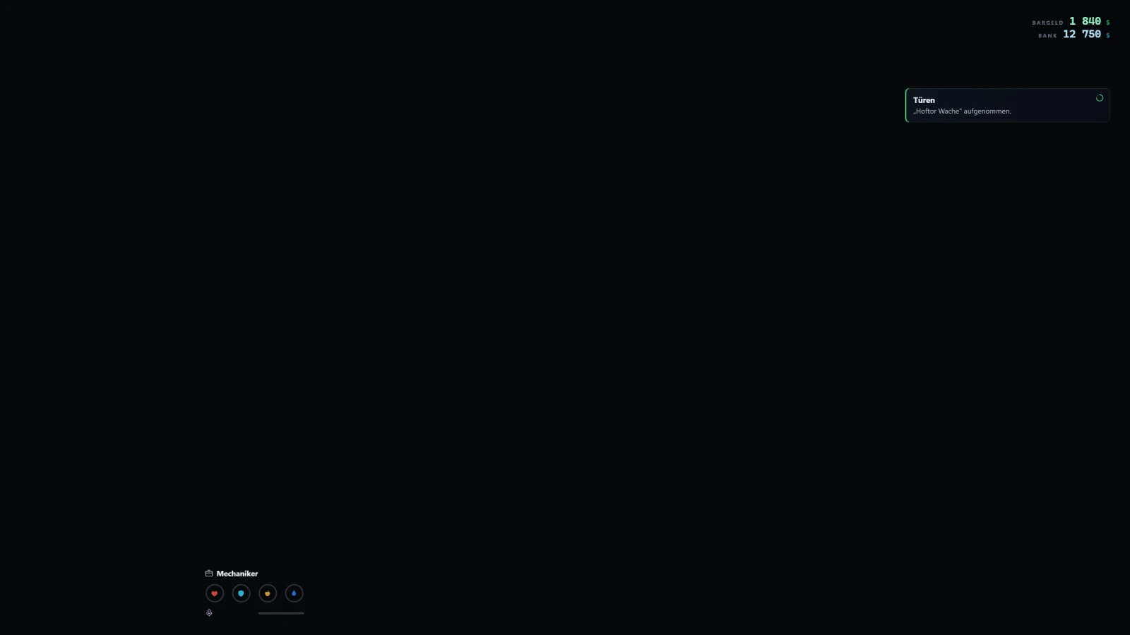 The shared interface in view: money top right, job and status bottom left, a notification between them.